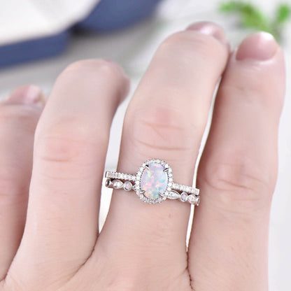 Oval White Fire Opal Engagement Ring Set White gold diamond halo ring antique sapphire wedding ring set October birthstone bridal ring set - PENFINE