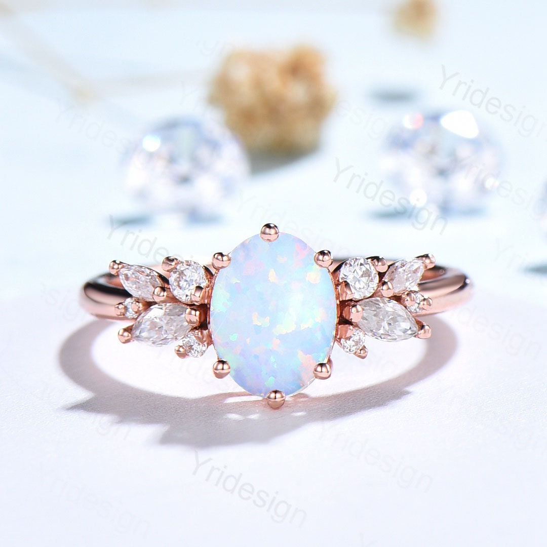 Oval white opal engagement ring | Vintage Rose gold wedding ring | Unique Delicate Moissanite/diamond Ring | Anniversary wedding ring - PENFINE