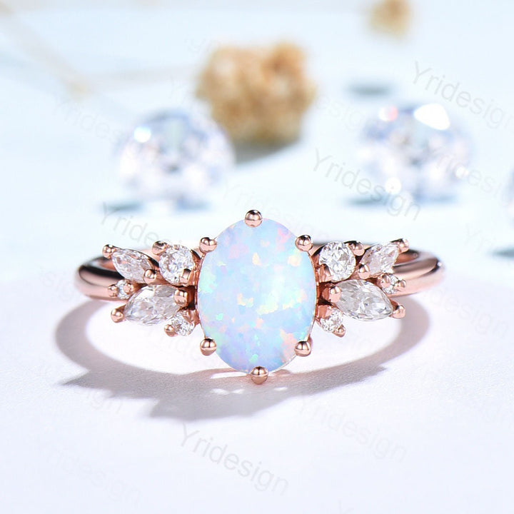 Oval white opal engagement ring | Vintage Rose gold wedding ring | Unique Delicate Moissanite/diamond Ring | Anniversary wedding ring - PENFINE
