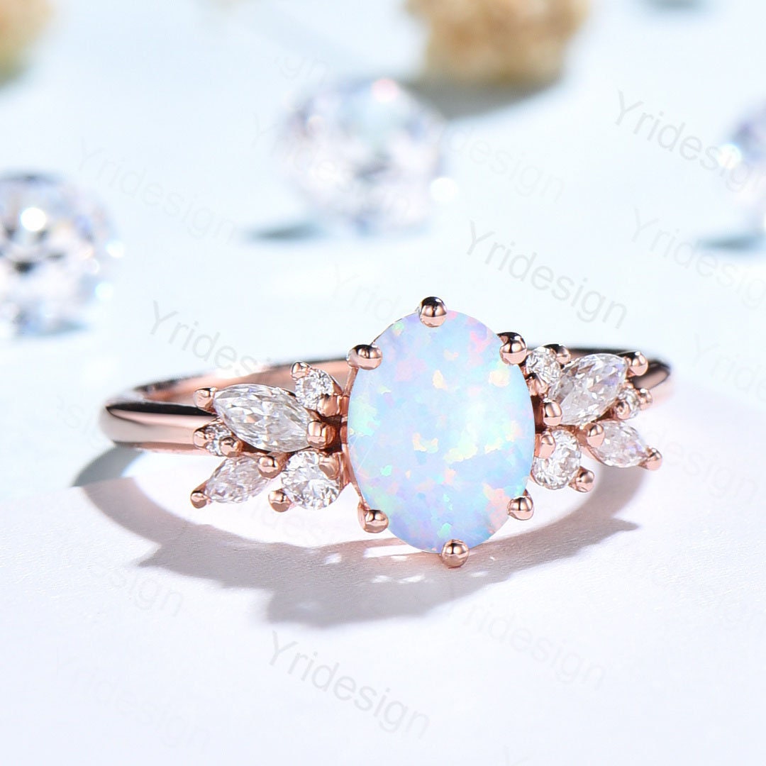 Oval white opal engagement ring | Vintage Rose gold wedding ring | Unique Delicate Moissanite/diamond Ring | Anniversary wedding ring - PENFINE
