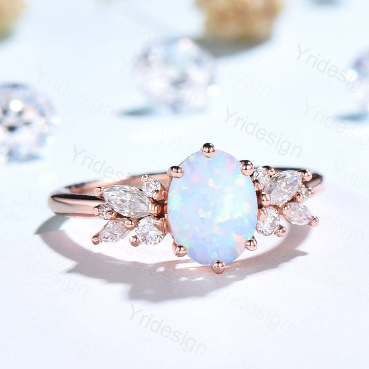 Oval white opal engagement ring | Vintage Rose gold wedding ring | Unique Delicate Moissanite/diamond Ring | Anniversary wedding ring - PENFINE