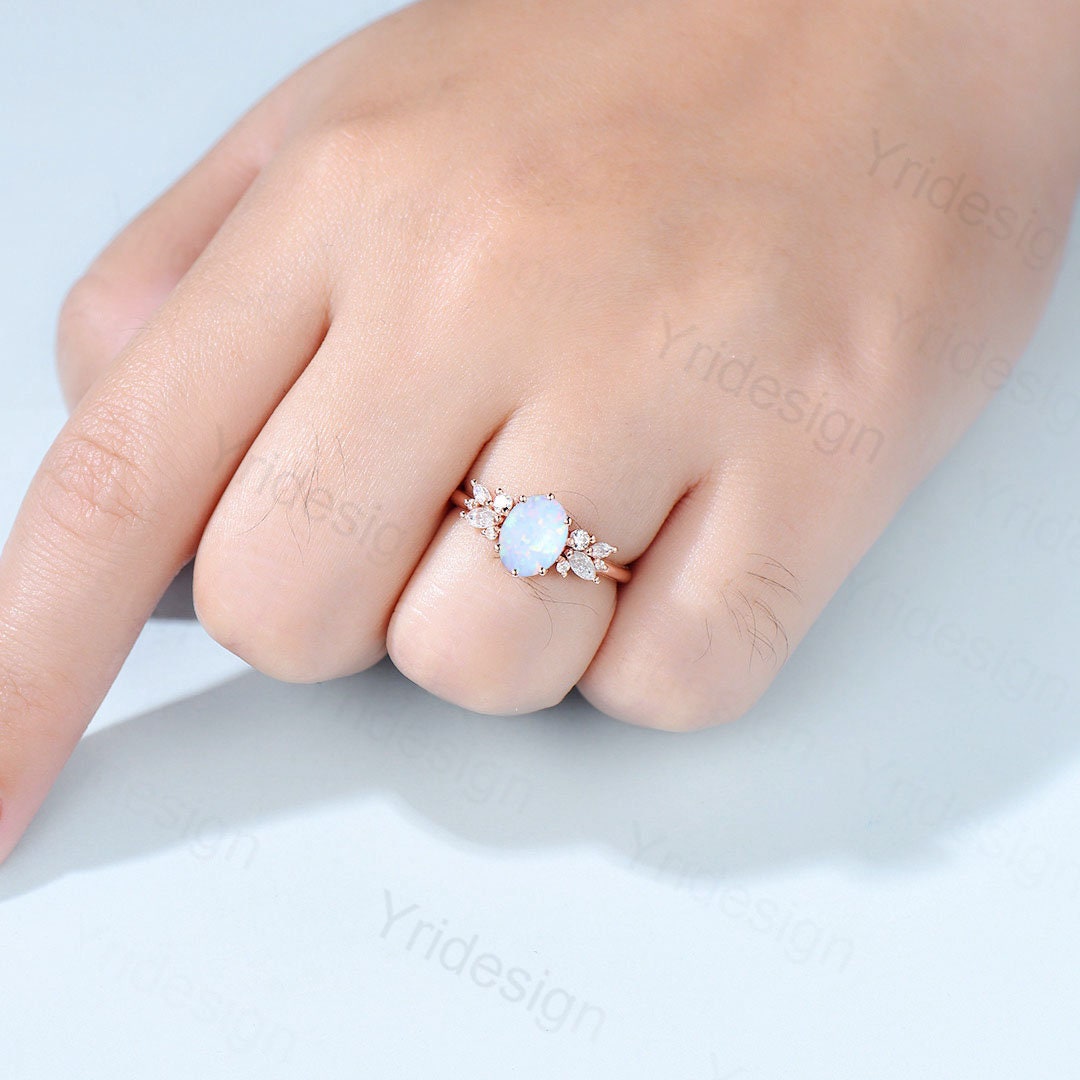 Oval white opal engagement ring | Vintage Rose gold wedding ring | Unique Delicate Moissanite/diamond Ring | Anniversary wedding ring - PENFINE