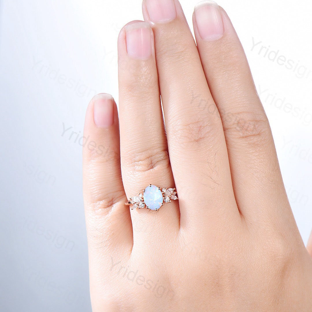 Oval white opal engagement ring | Vintage Rose gold wedding ring | Unique Delicate Moissanite/diamond Ring | Anniversary wedding ring - PENFINE