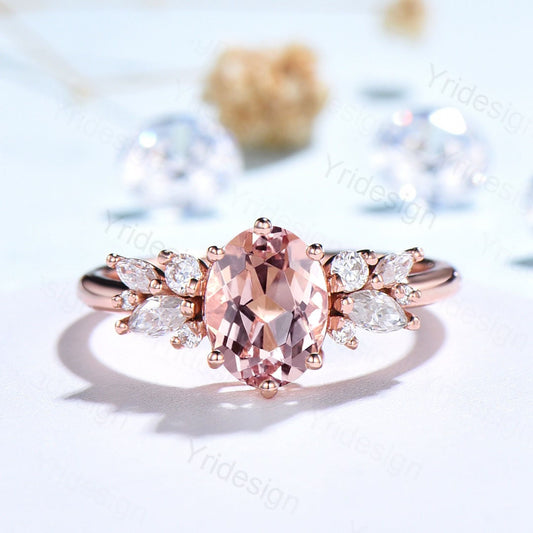 Oval morganite engagement ring | Vintage Rose gold wedding ring | Unique Delicate Moissanite/diamond Ring | Anniversary wedding ring - PENFINE