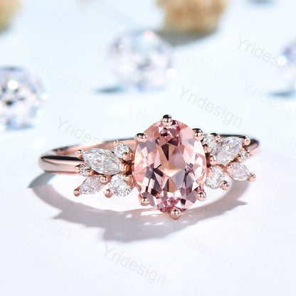Oval morganite engagement ring | Vintage Rose gold wedding ring | Unique Delicate Moissanite/diamond Ring | Anniversary wedding ring - PENFINE