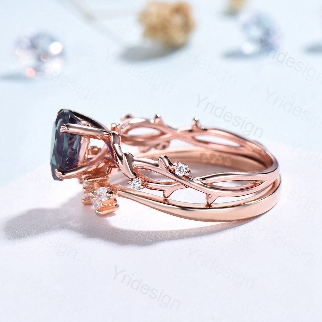 Vintage Alexandrite Engagement Ring Set Unique Rose Gold Rings for Women Unique Leaf Marquise Moissanite Wedding Band Handmade  Bridal Set - PENFINE