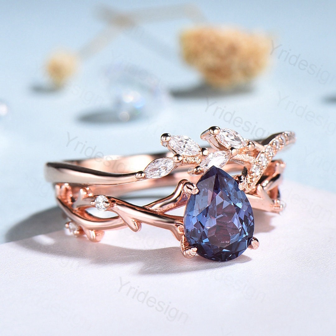 Vintage Alexandrite Engagement Ring Set Unique Rose Gold Rings for Women Unique Leaf Marquise Moissanite Wedding Band Handmade  Bridal Set - PENFINE