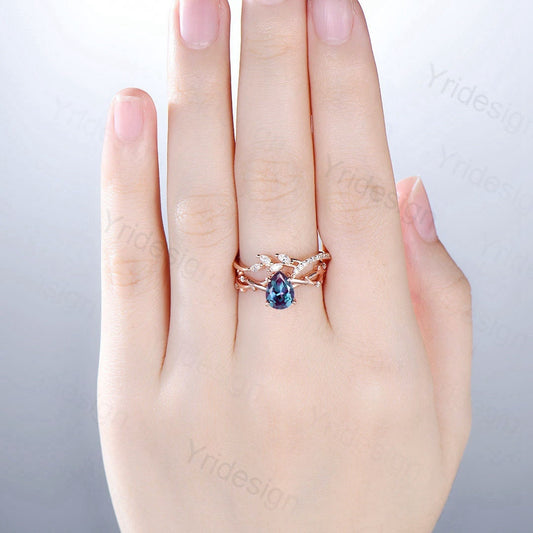 Vintage Alexandrite Engagement Ring Set Unique Rose Gold Rings for Women Unique Leaf Marquise Moissanite Wedding Band Handmade Bridal Set - PENFINE