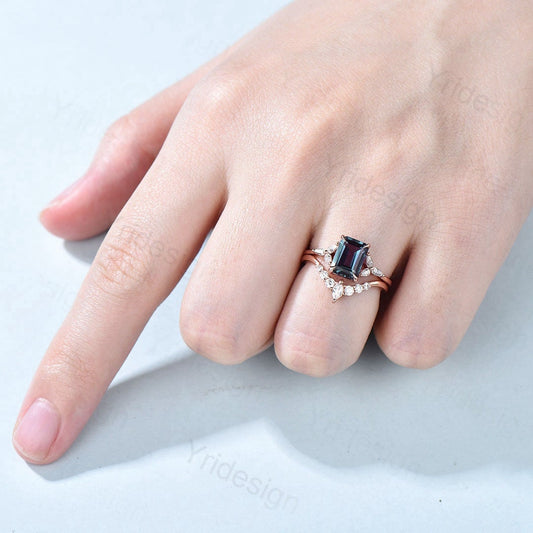 Emerald Cut Alexandrite Engagement Ring Set Rose Gold-14K/18K 2pcs Unique Vintage Alexandrite Diamond Wedding Set For Women June Birthstone - PENFINE