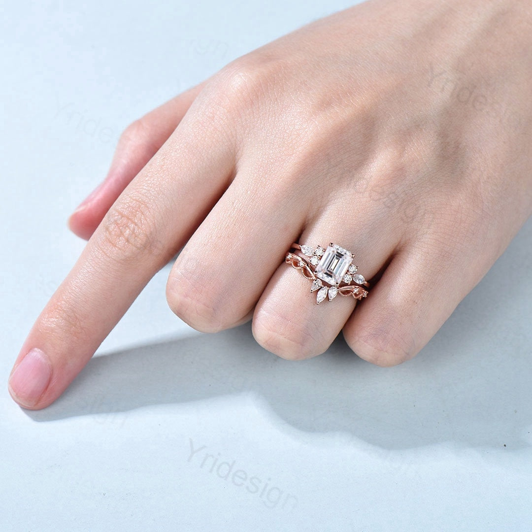 Handmade Custom Bridal Set/ 2Pcs 6x8mm Emerald Cut Moissanite Engagement Ring Set/ Vintage Wedding Promise Ring / Stacking Rings - PENFINE