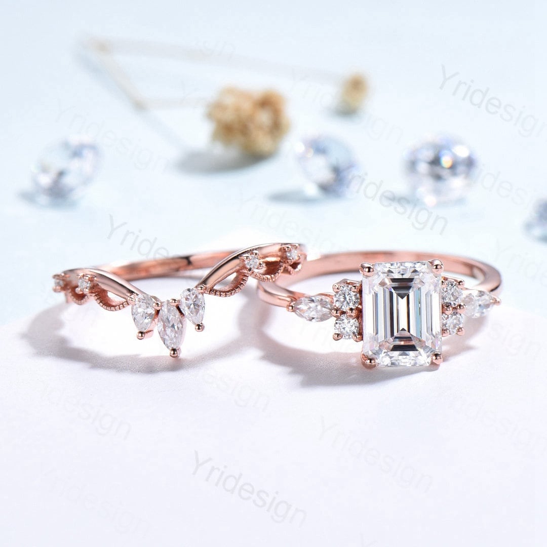 Handmade Custom Bridal Set/ 2Pcs 6x8mm Emerald Cut Moissanite Engagement Ring Set/ Vintage Wedding Promise Ring / Stacking Rings - PENFINE