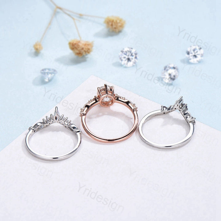 Vintage opal engagement ring set | 3pcs Unique rose gold fire opal wedding set | Art deco gold stacking ring | 6 Prongs bridal set - PENFINE