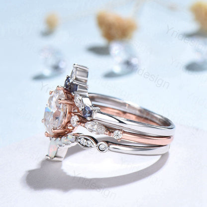 Vintage opal engagement ring set | 3pcs Unique rose gold fire opal wedding set | Art deco gold stacking ring | 6 Prongs bridal set - PENFINE