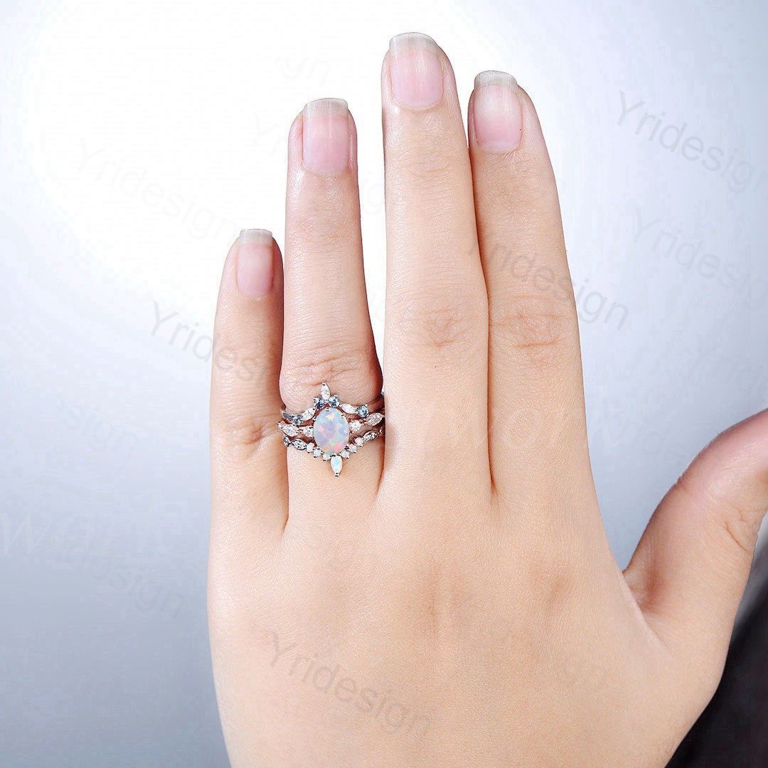 Vintage opal engagement ring set | 3pcs Unique rose gold fire opal wedding set | Art deco gold stacking ring | 6 Prongs bridal set - PENFINE