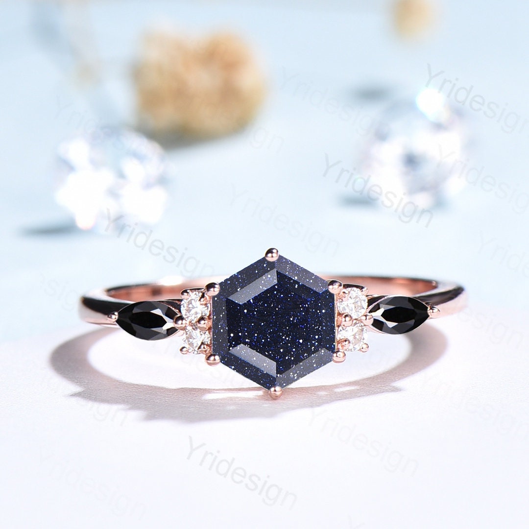 Vintage Galaxy Blue Sandstone Engagement Ring Hexagon Cut Mystic Stone Ring Marquise Black Spinel Wedding Ring Star Blue  Promise Ring - PENFINE