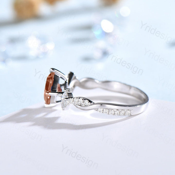 5mm Princess cut morganite engagement ring rose gold-Unique peach morganite infinity moissanite wedding band-vintage anniversary rings - PENFINE