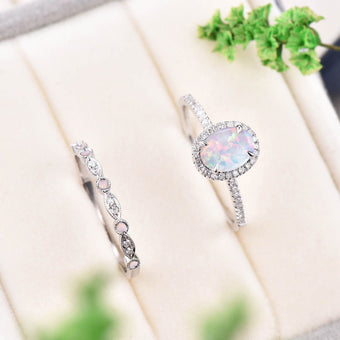 Oval White Fire Opal Engagement Ring Set White gold diamond halo ring antique sapphire wedding ring set October birthstone bridal ring set - PENFINE