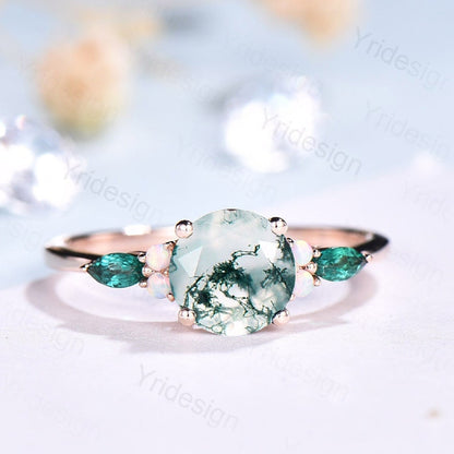 1 Carat Vintage Unique Moss Agate Cluster Opal Emerald Engagement Ring - PENFINE