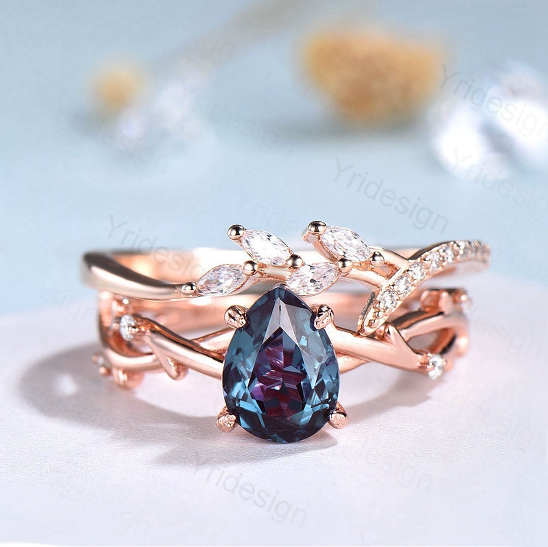 Vintage Alexandrite Engagement Ring Set Unique Rose Gold Rings for Women Unique Leaf Marquise Moissanite Wedding Band Handmade  Bridal Set - PENFINE