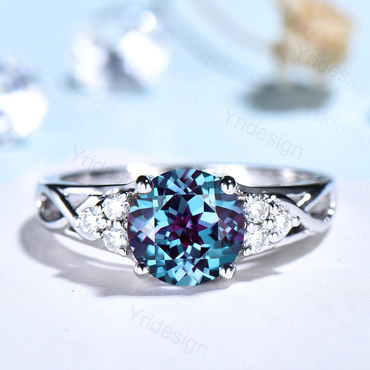 Vintage Alexandrite Engagement Ring White Gold Solid 14K/18K Gold Unique Alternative Ring Cluster Diamond Wedding Ring Anniversary gift - PENFINE