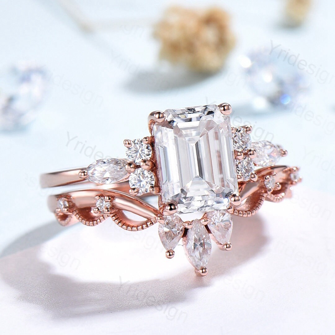 Handmade Custom Bridal Set/ 2pcs 6x8mm Emerald Cut Moissanite Engagement Ring Set/ Vintage Wedding Promise Ring / Stacking Rings 18K Yellow Gold