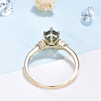 Long Hexagon cut moss agate ring vintage gold engagement ring cluster moissanite diamond wedding ring art deco promise ring for women - PENFINE