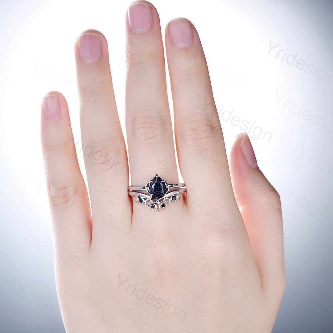 Unique blue sandstone engagement ring set Norse Viking galaxy vintage black gemstone wedding ring set stacking celtic love bridal ring set - PENFINE