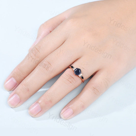 Vintage Galaxy Blue Sandstone Engagement Ring Hexagon Cut Mystic Stone Ring Marquise Black Spinel Wedding Ring Star Blue Promise Ring - PENFINE
