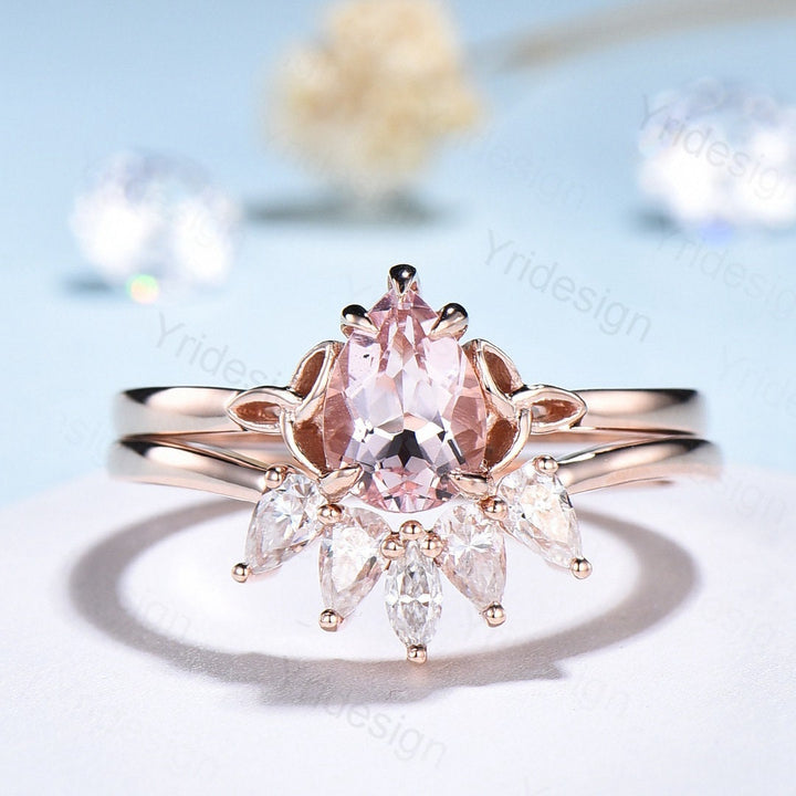 Norse Viking Morganite Engagement Ring Set Pear Shaped Celtic Knot Alexandrite Wedding Set Curved Art Deco Moissanite Band Bridal Sets - PENFINE