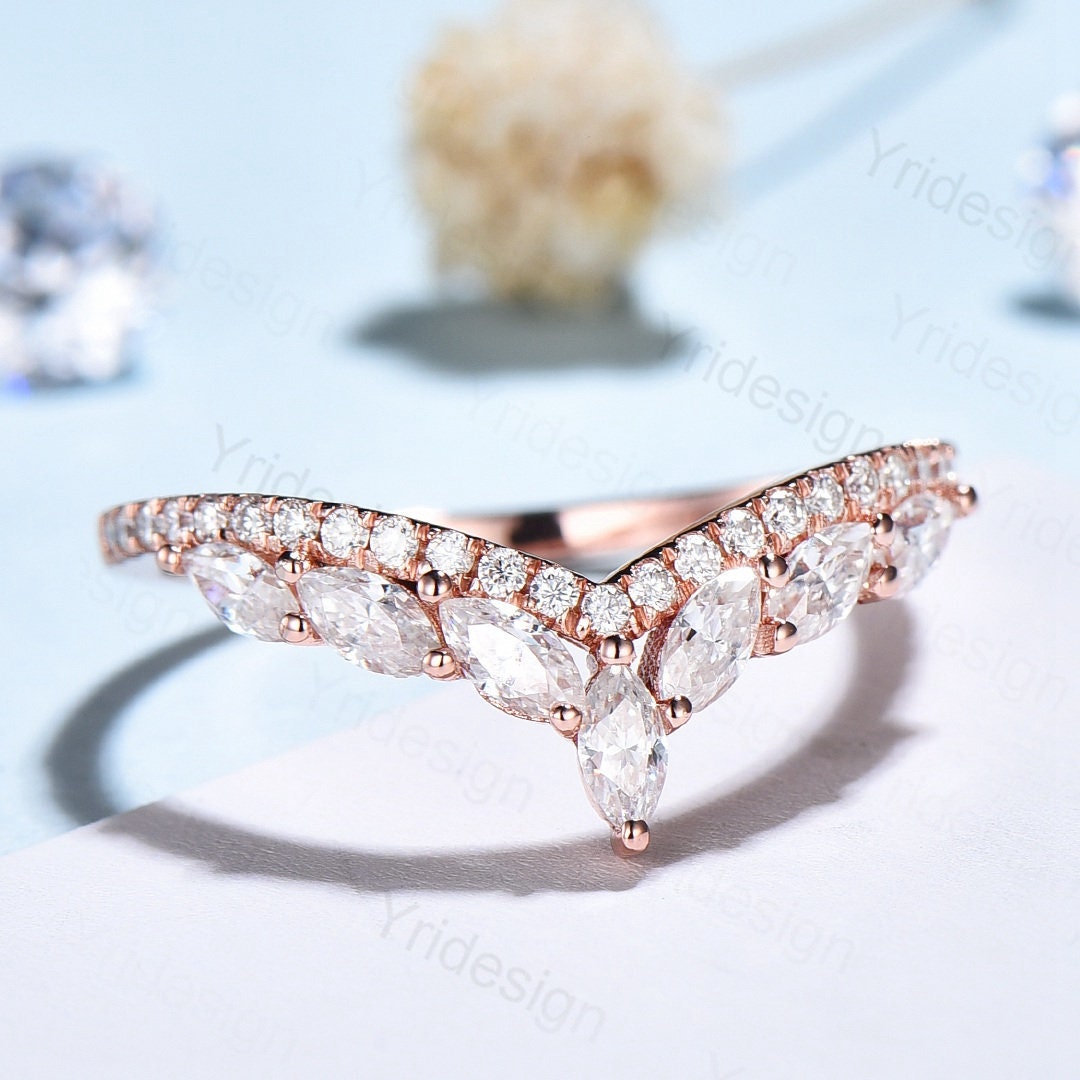 Diamond Wedding Ring For Women Unique Wedding Band Rose Gold Vintage Curved V Marquise Moissanite Matching Band Stacking Anniversary Ring - PENFINE
