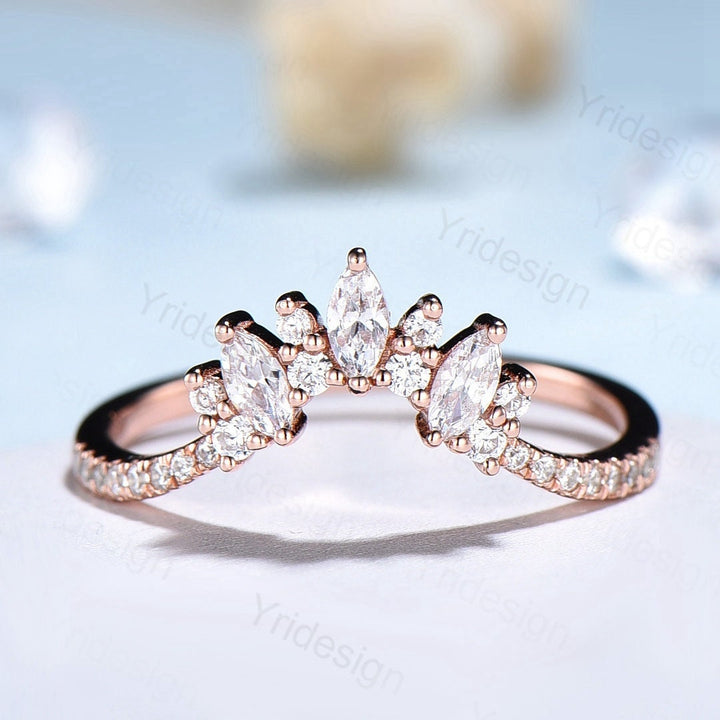 Moissanite Wedding Band Women Rose Gold Vintage Marquise Diamond Wedding Ring  Unique Curved V Matching Band Stacking Bridal Promise gift - PENFINE