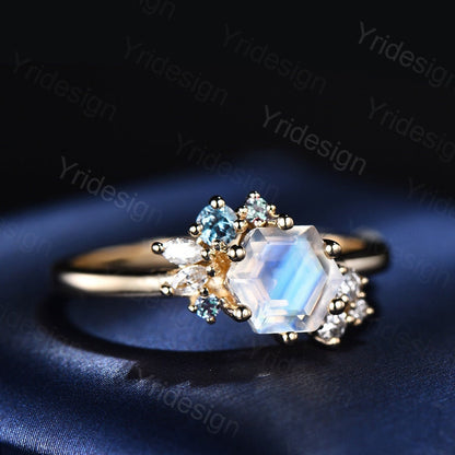 Hexagon Moonstone gold ring for women vintage rainbow blue wedding ring unique alexandrite engagement ring cluster moissanite promise ring - PENFINE