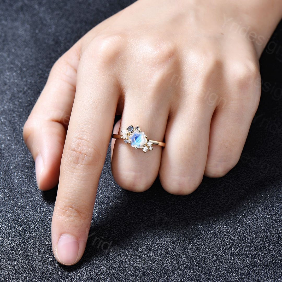 Hexagon Moonstone gold ring for women vintage rainbow blue wedding ring unique alexandrite engagement ring cluster moissanite promise ring - PENFINE