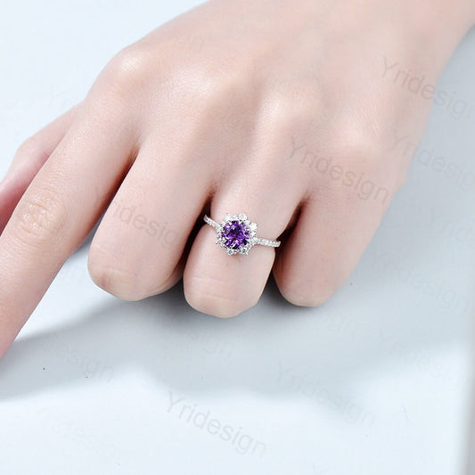 Vintage amethyst engagement ring white gold halo moissanite wedding ring for women anniversary bridal ring, promise ring - PENFINE