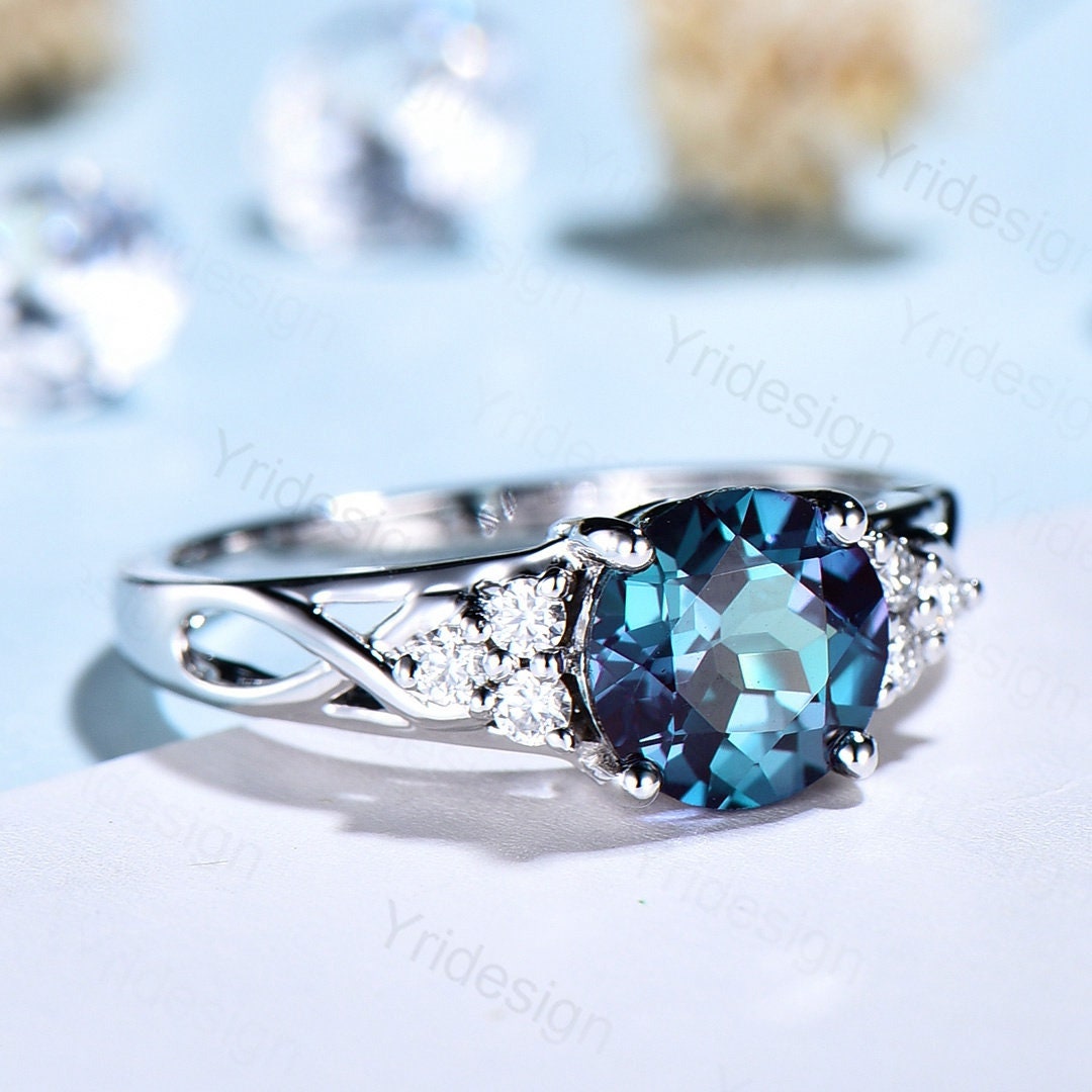 Vintage Alexandrite Engagement Ring White Gold Solid 14K/18K Gold Unique Alternative Ring Cluster Diamond Wedding Ring Anniversary gift - PENFINE