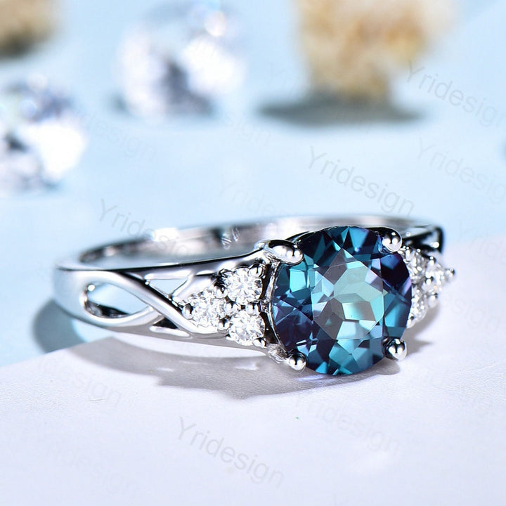 Vintage Alexandrite Engagement Ring White Gold Solid 14K/18K Gold Unique Alternative Ring Cluster Diamond Wedding Ring Anniversary gift - PENFINE