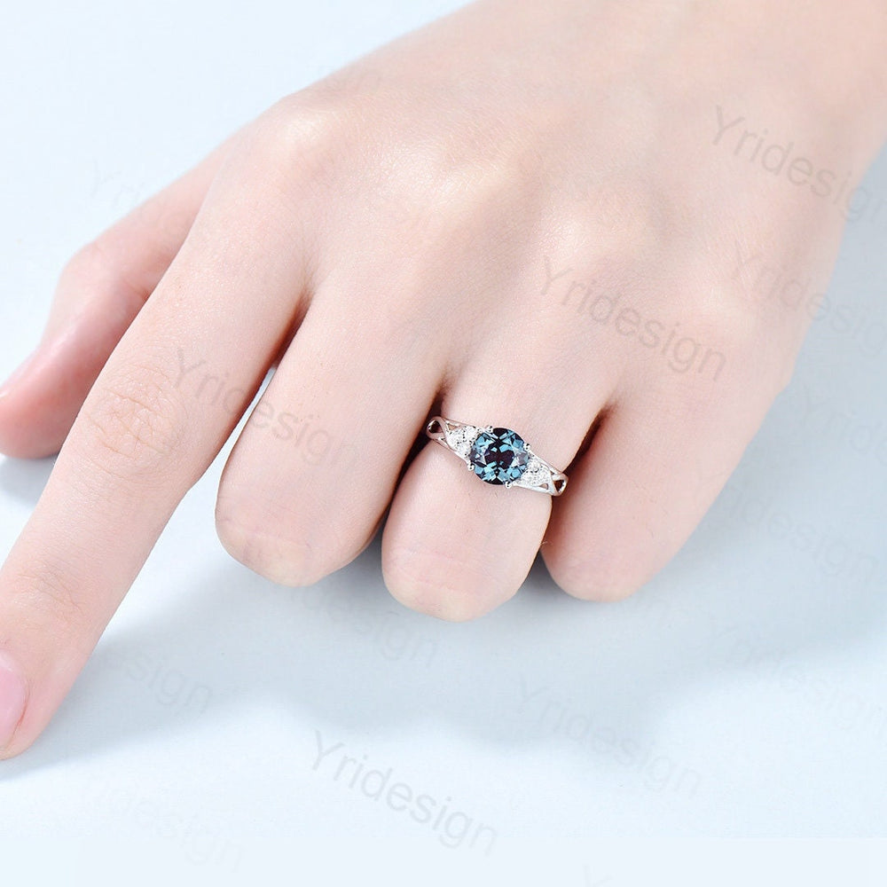 Vintage Alexandrite Engagement Ring White Gold Solid 14K/18K Gold Unique Alternative Ring Cluster Diamond Wedding Ring Anniversary gift - PENFINE
