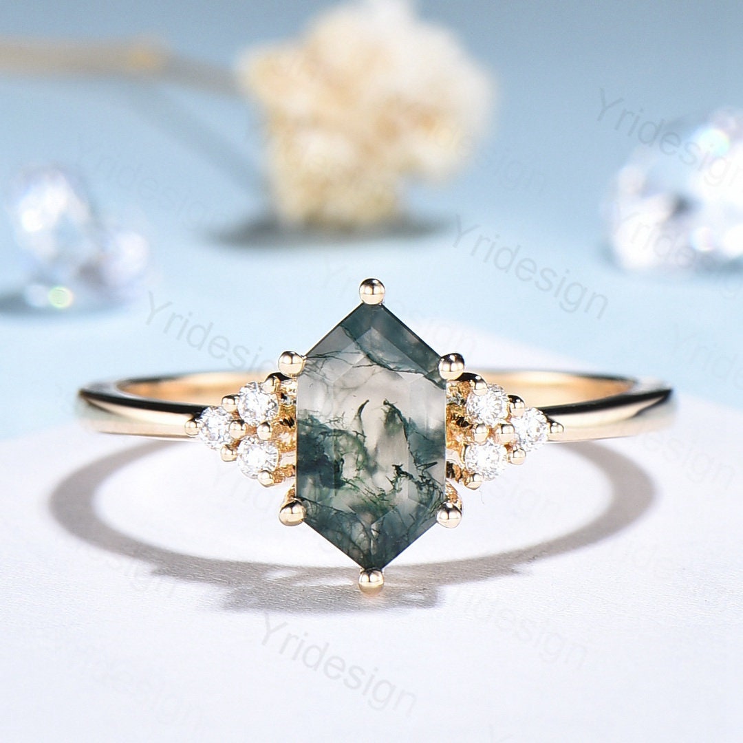 Long Hexagon cut moss agate ring vintage gold engagement ring