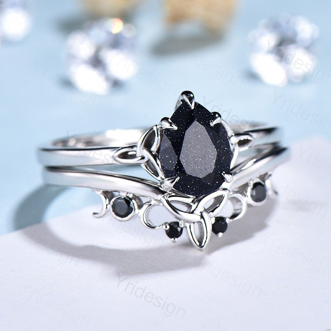 Unique blue sandstone engagement ring set Norse Viking galaxy vintage black gemstone wedding ring set stacking celtic love bridal ring set - PENFINE