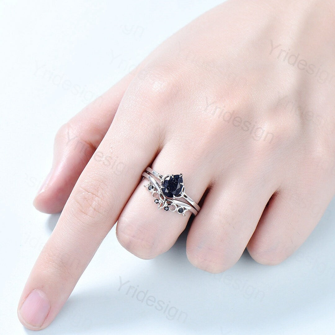 Unique blue sandstone engagement ring set Norse Viking galaxy vintage black gemstone wedding ring set stacking celtic love bridal ring set - PENFINE