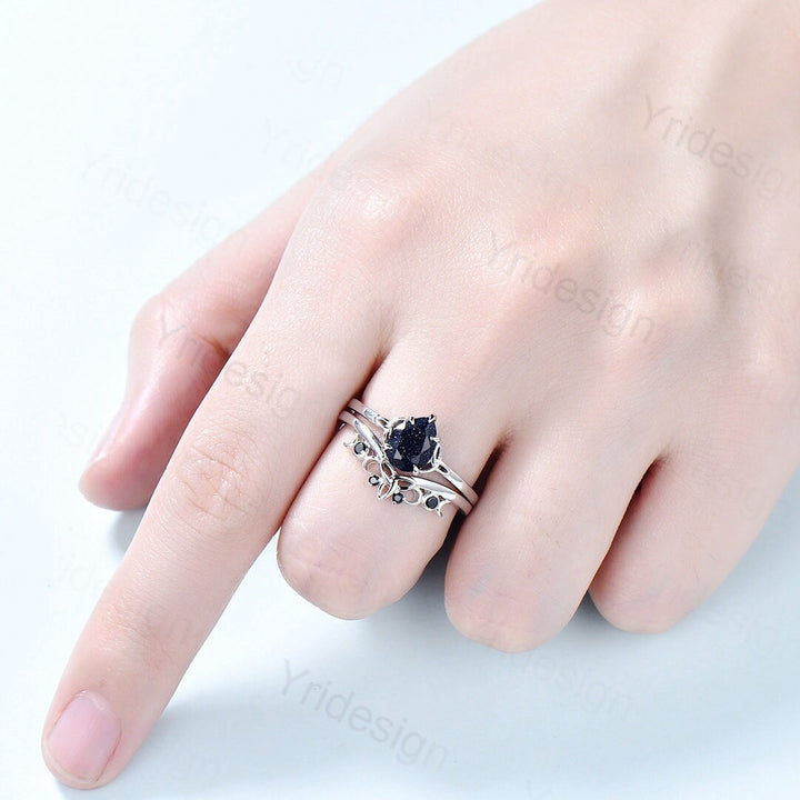 Unique blue sandstone engagement ring set Norse Viking galaxy vintage black gemstone wedding ring set stacking celtic love bridal ring set - PENFINE