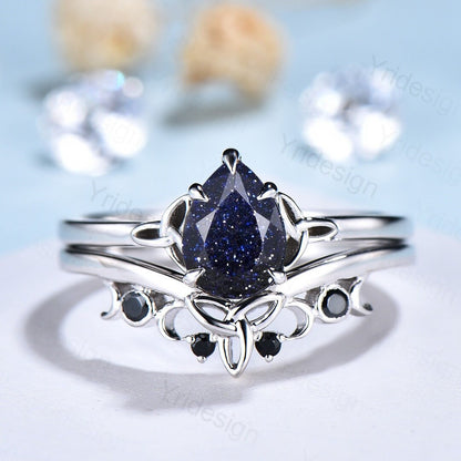 Unique blue sandstone engagement ring set Norse Viking galaxy vintage black gemstone wedding ring set stacking celtic love bridal ring set - PENFINE