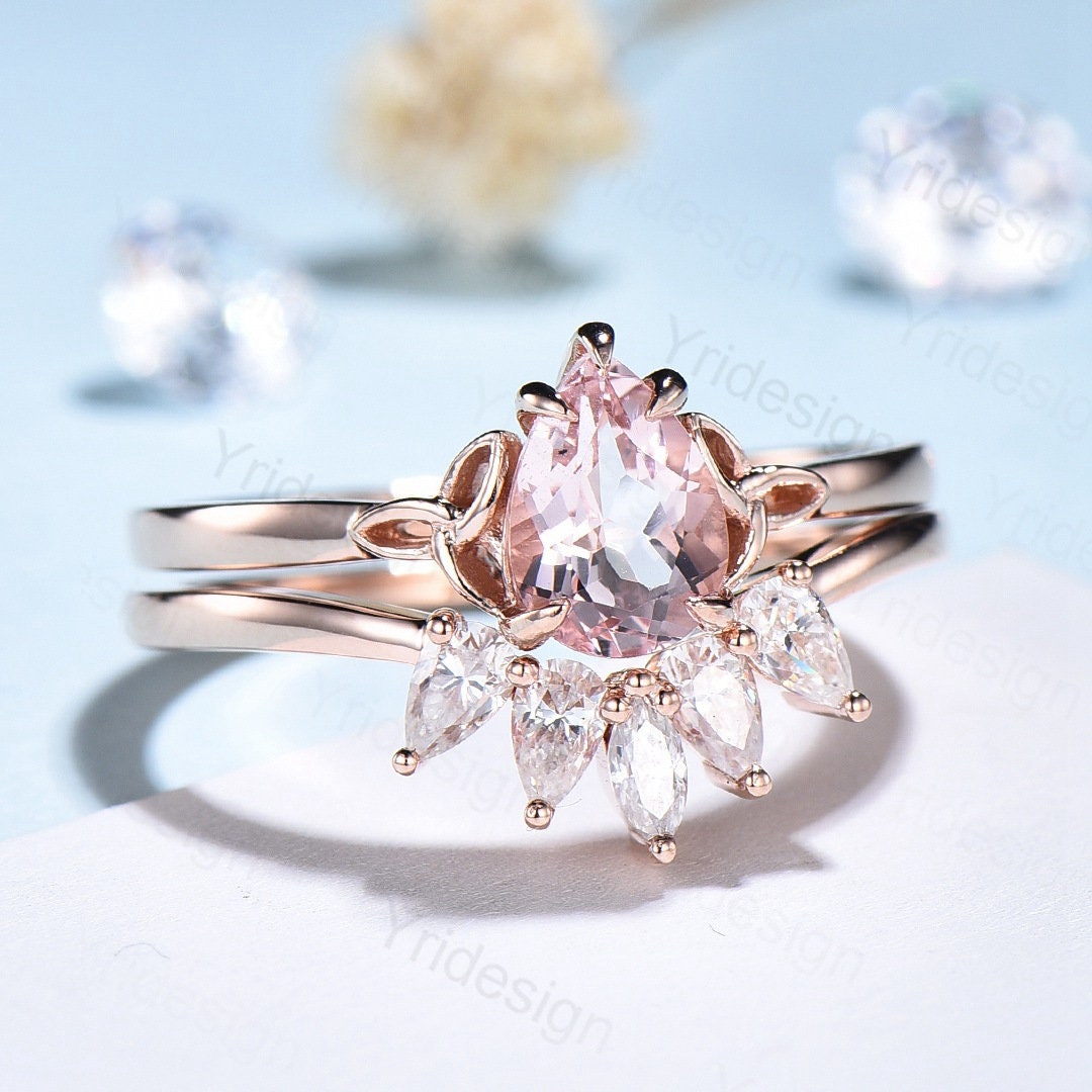 Norse Viking Morganite Engagement Ring Set Pear Shaped Celtic Knot Alexandrite Wedding Set Curved Art Deco Moissanite Band Bridal Sets - PENFINE