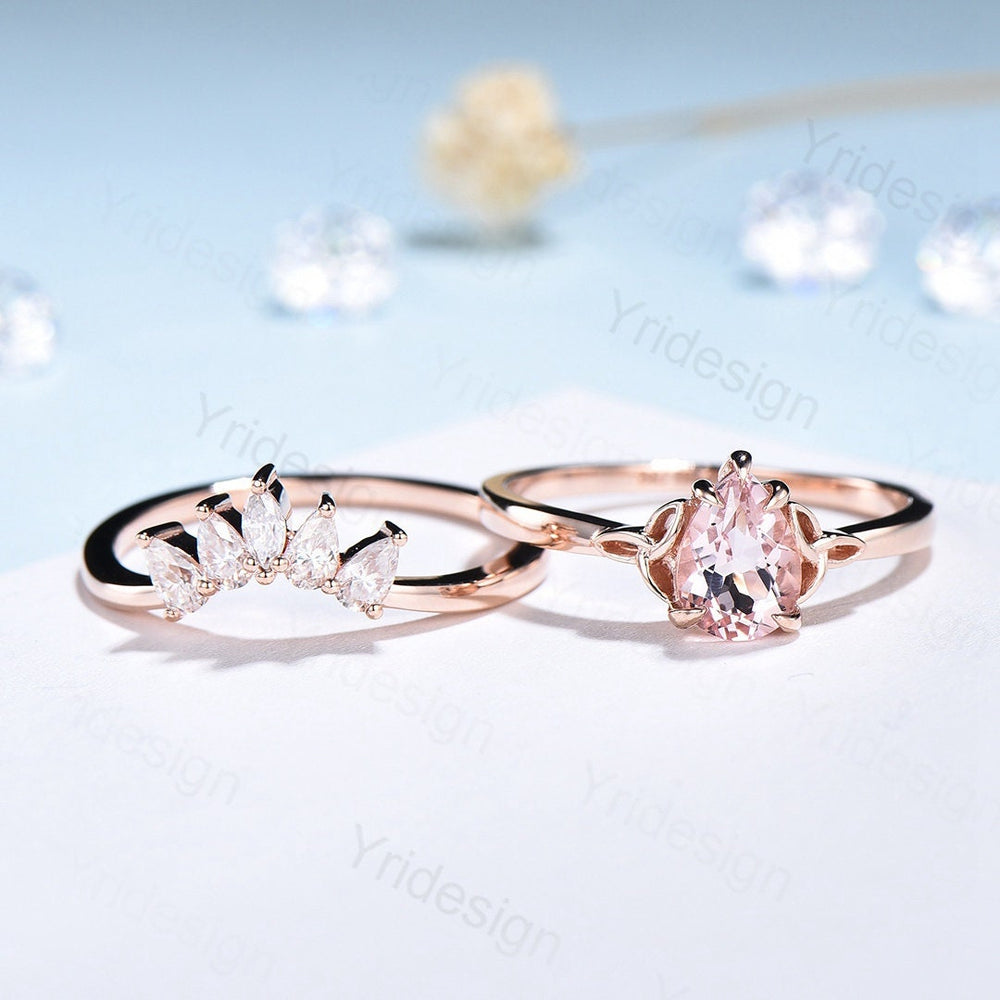 Norse Viking Morganite Engagement Ring Set Pear Shaped Celtic Knot Alexandrite Wedding Set Curved Art Deco Moissanite Band Bridal Sets - PENFINE