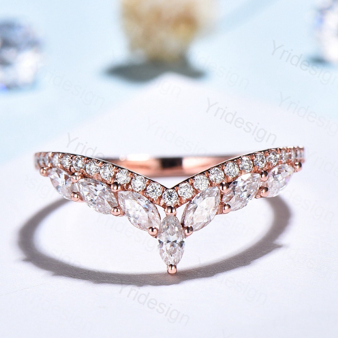 Diamond Wedding Ring For Women Unique Wedding Band Rose Gold Vintage Curved V Marquise Moissanite Matching Band Stacking Anniversary Ring - PENFINE