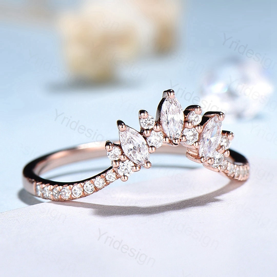 Moissanite Wedding Band Women Rose Gold Vintage Marquise Diamond Wedding Ring  Unique Curved V Matching Band Stacking Bridal Promise gift - PENFINE