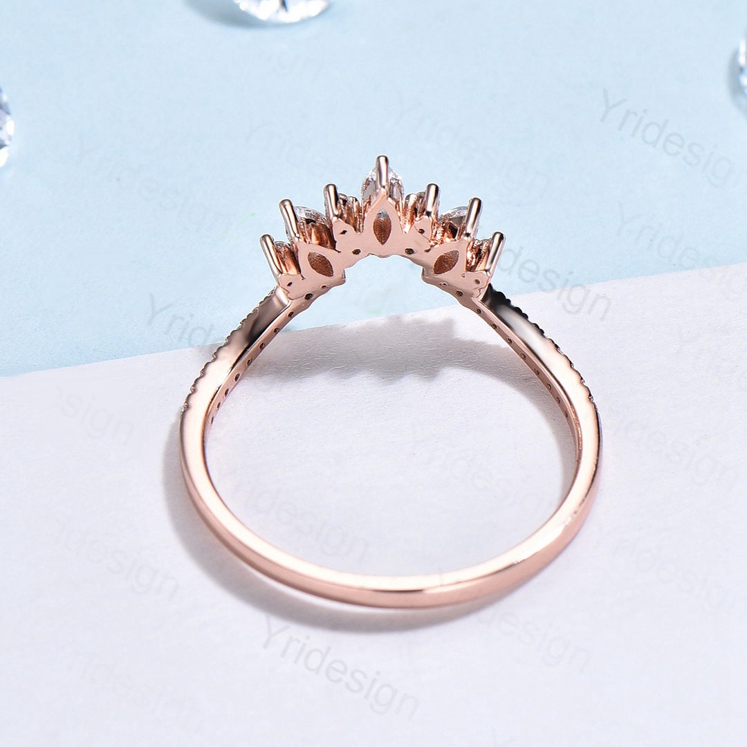 Moissanite Wedding Band Women Rose Gold Vintage Marquise Diamond Wedding Ring  Unique Curved V Matching Band Stacking Bridal Promise gift - PENFINE