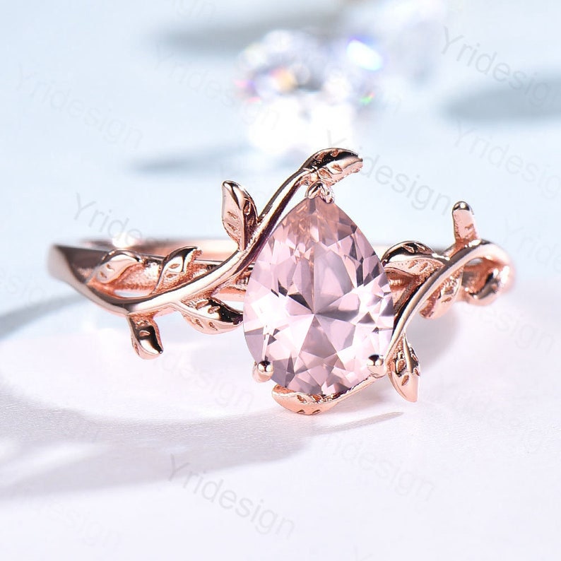 Vintage Pear Morganite Ring Rose Gold Unique Vintage Pink Morganite Leaf Engagement Ring Leaf Vine Natural Inspired Wedding Ring for Women - PENFINE