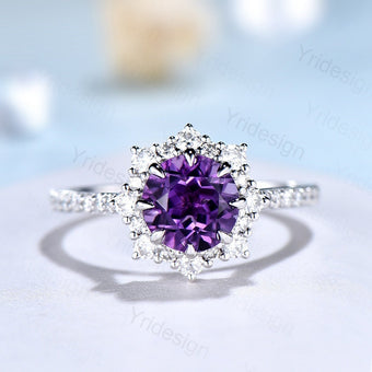 Vintage amethyst engagement ring white gold halo moissanite wedding ring for women anniversary bridal ring, promise ring - PENFINE