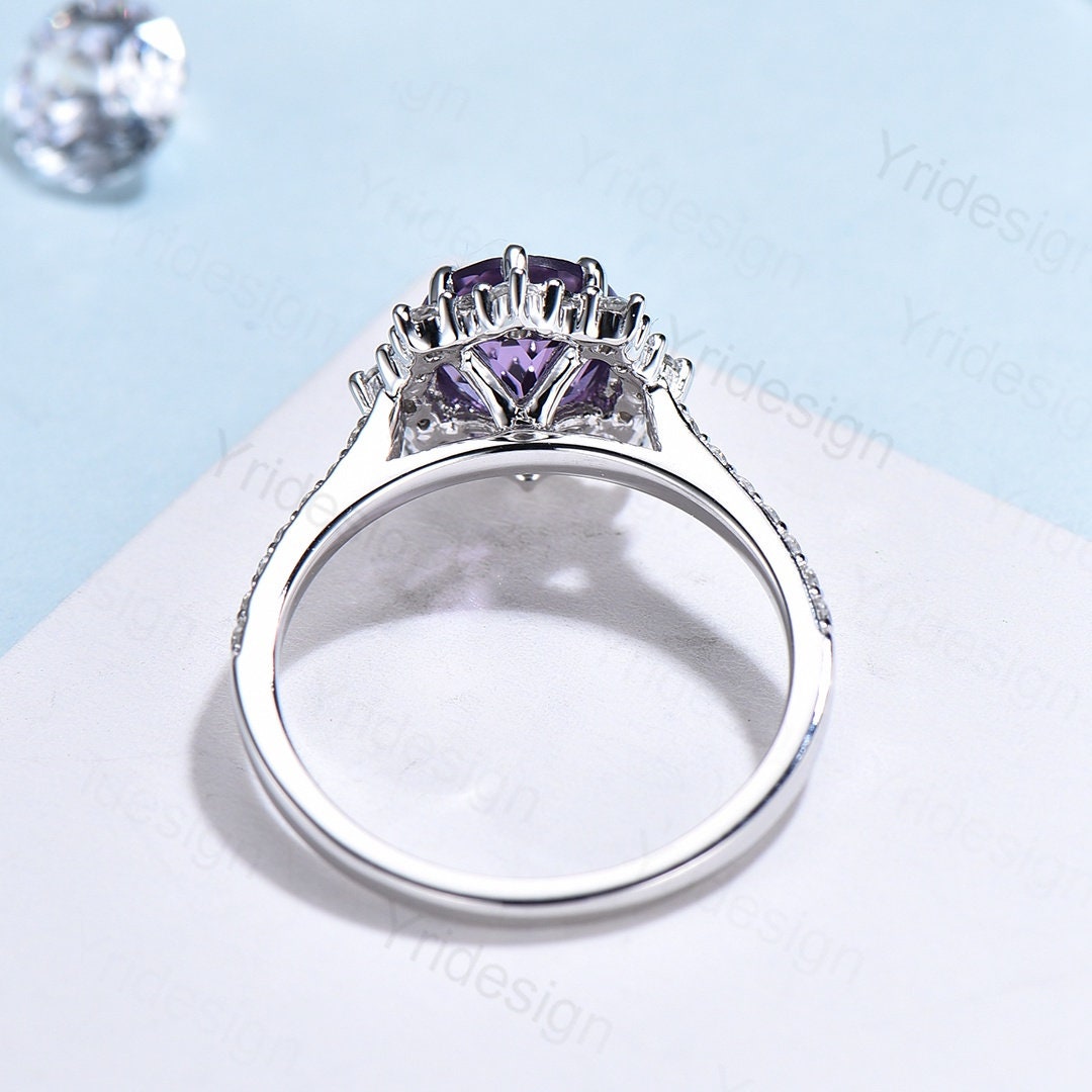 Vintage amethyst engagement ring white gold halo moissanite wedding ring for women anniversary bridal ring, promise ring - PENFINE